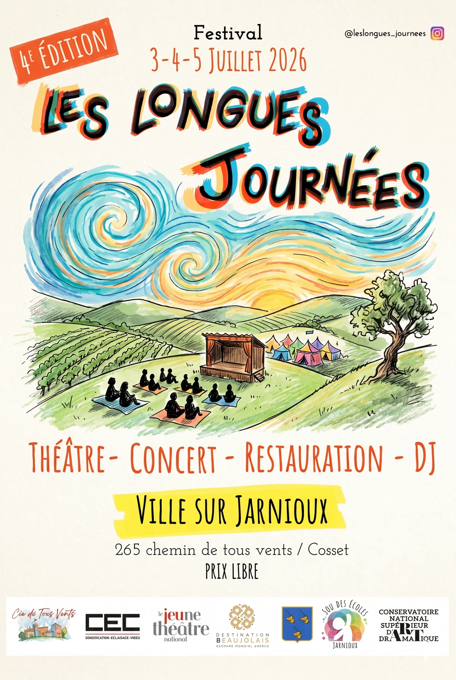 Affiche officielle de la 4ᵉ édition des Longues Journées — 3, 4 et 5 juillet 2026 à Ville-sur-Jarnioux